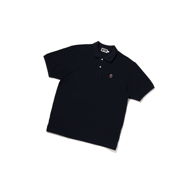 Men's A BATHING APE Ape Head One Point Relaxed Fit Short Sleeve Polo Navy Blue | EYDJ57183