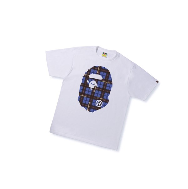 Men's A BATHING APE Bape Logo Check Big Ape Head Tee Short Sleeve T Shirts White | HEWT65108