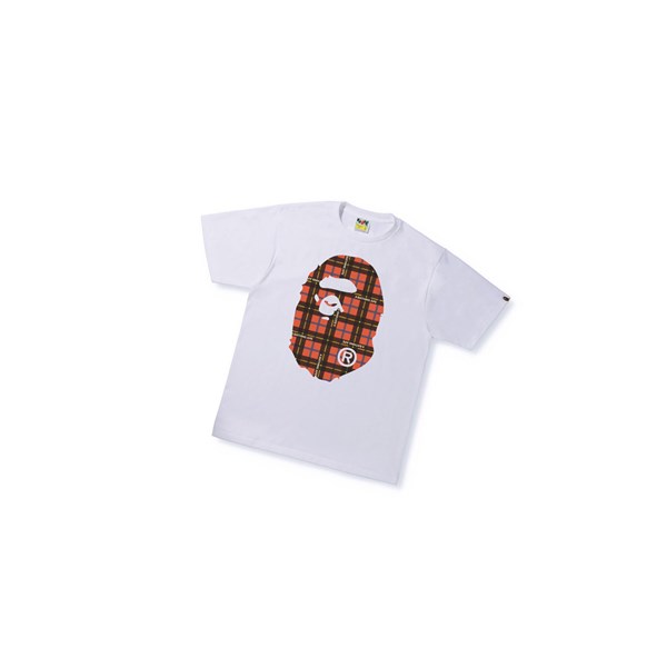 Men's A BATHING APE Bape Logo Check Big Ape Head Tee Short Sleeve T Shirts White | MKJH71365