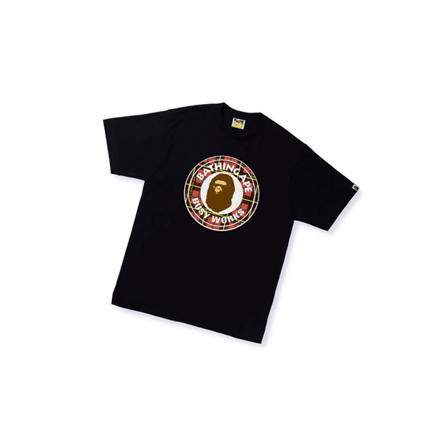 Men's A BATHING APE Bape Logo Check Busy Works Tee Short Sleeve T Shirts Black | POFA61480