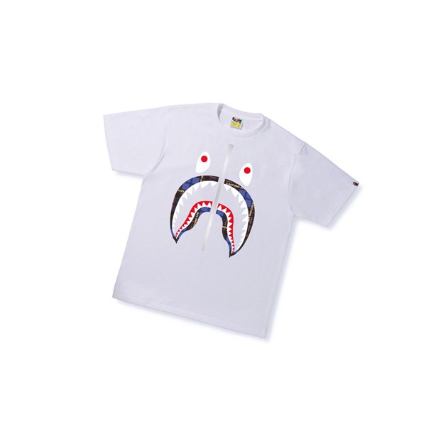 Men's A BATHING APE Bape Logo Check Shark Tee Short Sleeve T Shirts White | JWAH16793