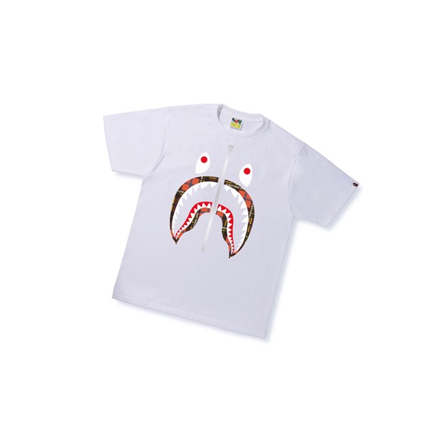 Men's A BATHING APE Bape Logo Check Shark Tee Short Sleeve T Shirts White | URWP19260