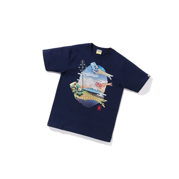 Men's A BATHING APE Koinobori Carp Flags Ape Head Tee Short Sleeve T Shirts Navy Blue | WIXD05182