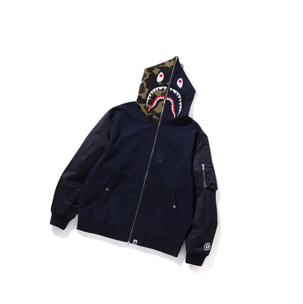 Men's A BATHING APE Military Shark Relaxed Fit Full Zip Throughs Hoodie Navy Blue | FYMN98564