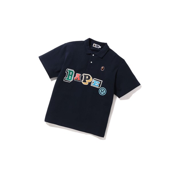 Men's A BATHING APE Multi Fonts Relaxed Fit Short Sleeve Polo Navy Blue | MFCA79043