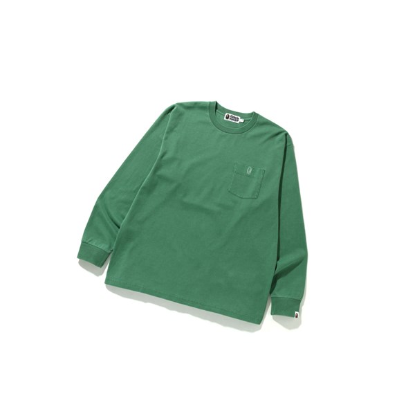 Men's A BATHING APE Overdye One Point Pocket Relaxed Fit L/S Tee Long Sleeve T Shirts Light Green | VOAY07635