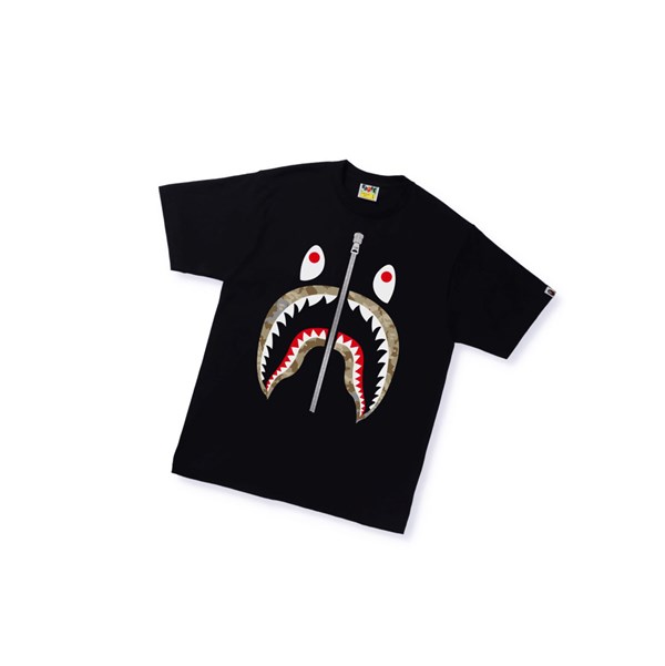 Men's A BATHING APE Sand Camo Shark Tee Short Sleeve T Shirts Black | BETK93125