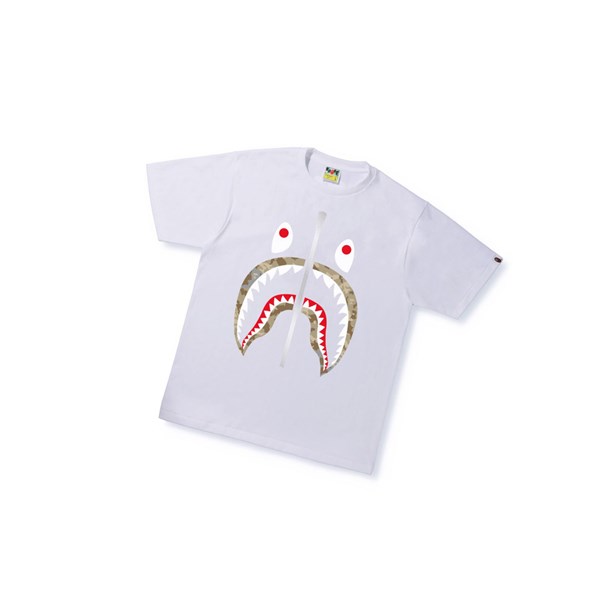 Men's A BATHING APE Sand Camo Shark Tee Short Sleeve T Shirts White | ZFBC95401