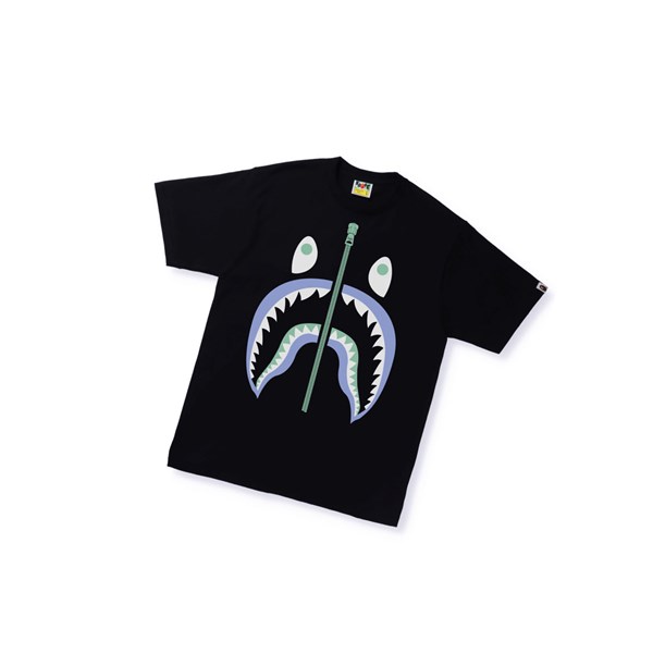 Men's A BATHING APE Text Code Camo Shark Tee Short Sleeve T Shirts Black | LRBO01256