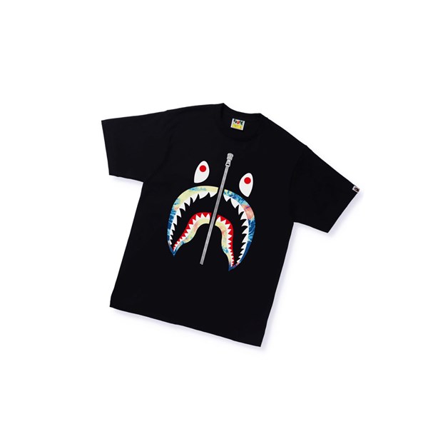 Men's A BATHING APE Tie Dye Shark Tee Short Sleeve T Shirts Black | XHVT78106