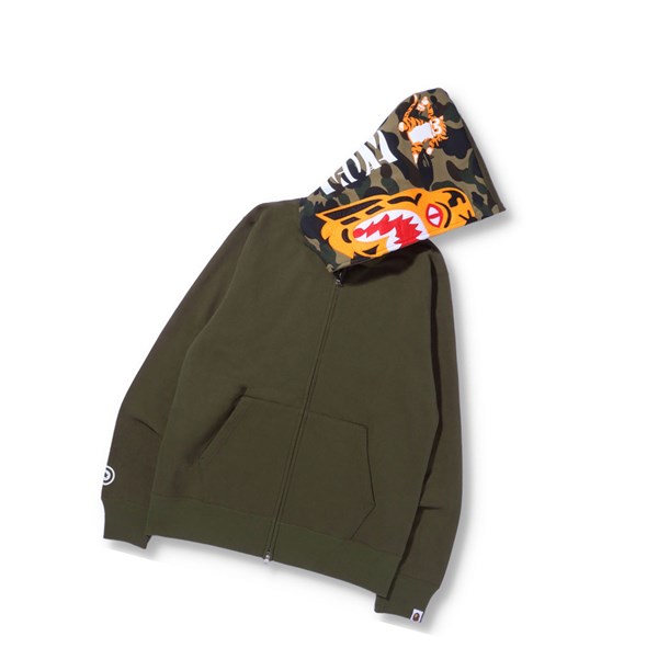 Men's A BATHING APE Tiger Full Zip Throughs Hoodie Army Green | WSCU64201