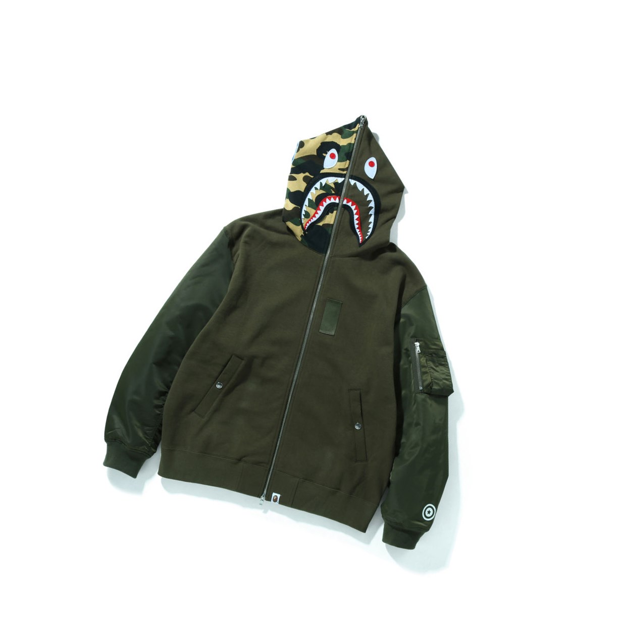 Men\'s A BATHING APE Military Shark Relaxed Fit Full Zip Throughs Hoodie Army Green | OYVI16059