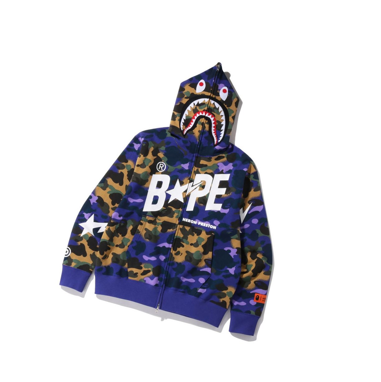 Men\'s A BATHING APE X Heron Preston Mix 1st Camo Shark Relaxed Full Zip Throughs Hoodie Purple | FCQN60983